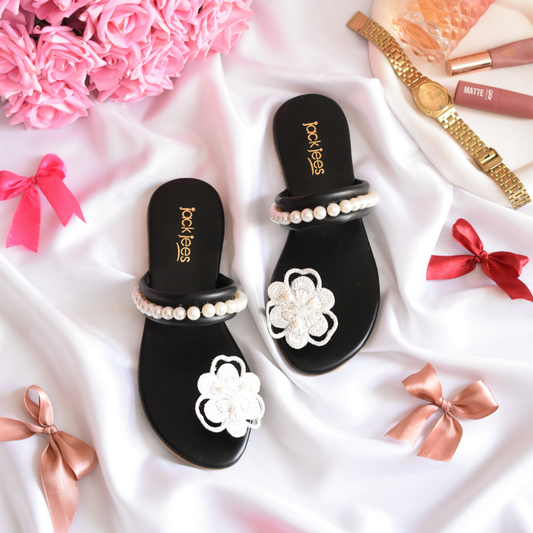 Floral Pearl Flats Black