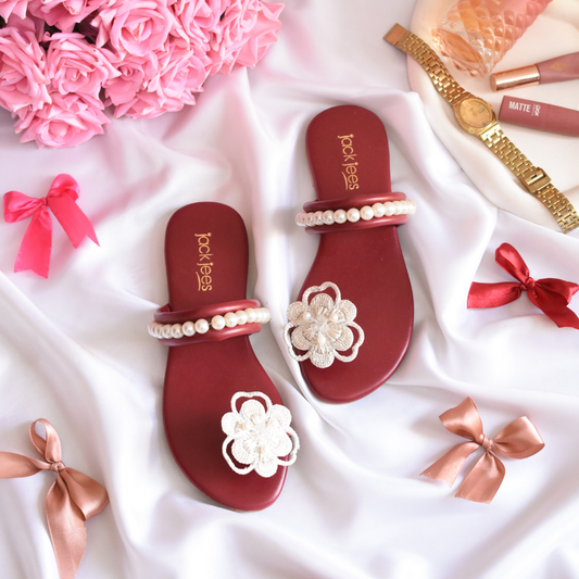 Floral Pearl Flats Maroon