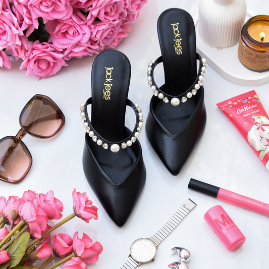 Pearl Charm Heels Black