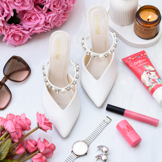 Pearl Charm Heels White