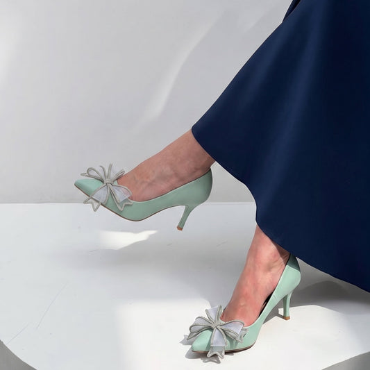 Elysia Bow pointed toe heels for women with crystal detailed mesh bow by Jack Jees
