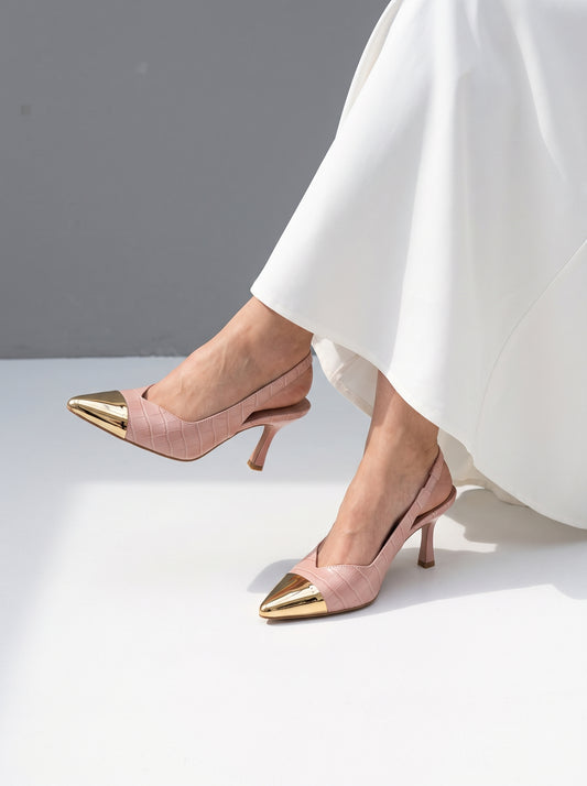 Metallic Pointed toe heels for women with shiny toe cap, textured upper, slingback strap and sculpted heel