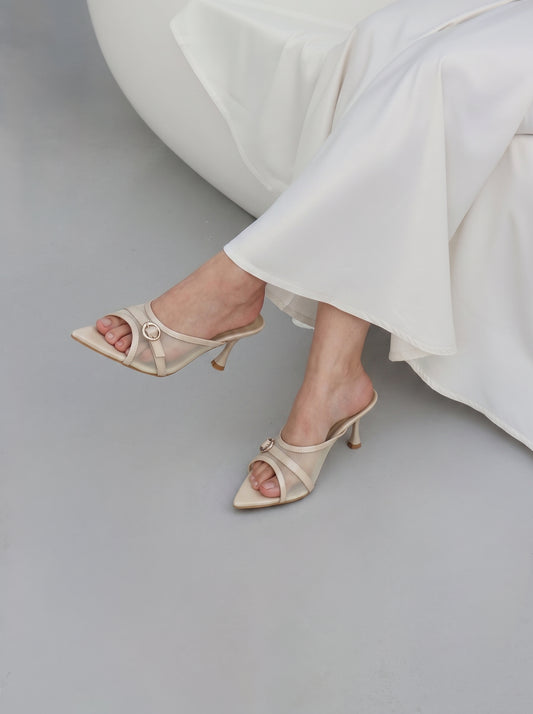Vogue Buckle pointed toe heels for women in Pakistan with mesh upper and metallic buckle
