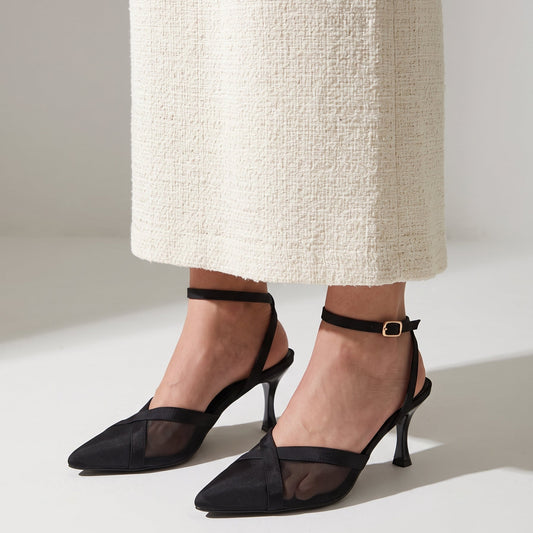 Crossline Mesh pointed toe heels for women in Pakistan with ankle strap