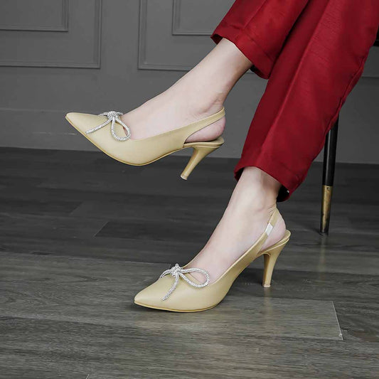 Crystal Bow Kitten Heels Beige