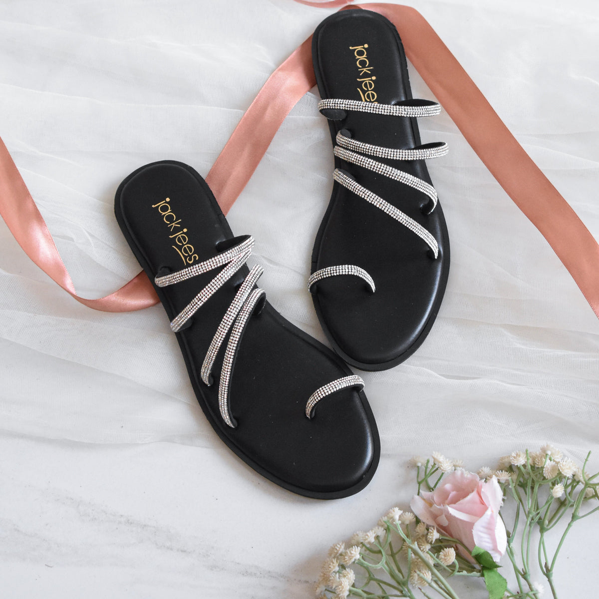 Black Crystal Loop Flats for women with rhinestone straps in Pakistan