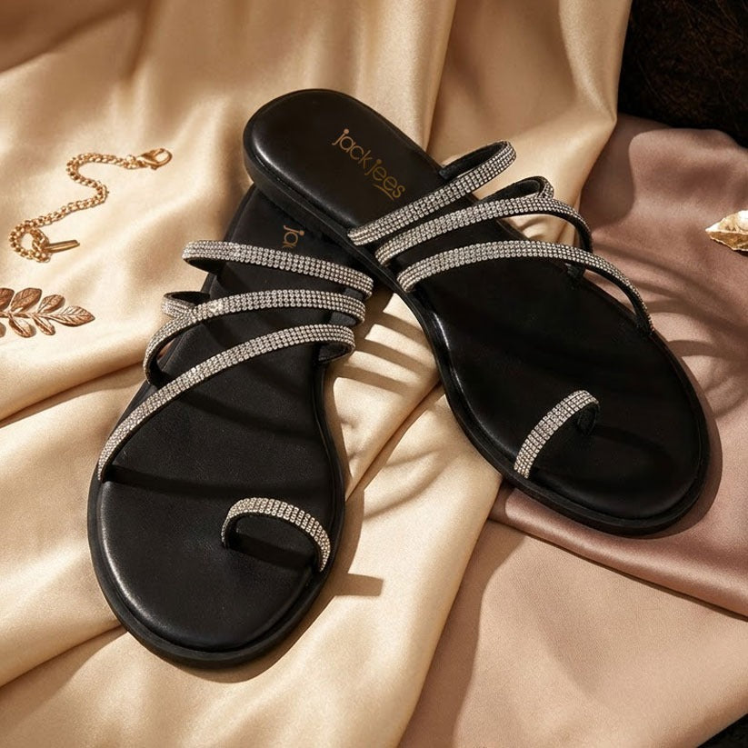 Black Crystal Loop Flats for women with rhinestone straps in Pakistan