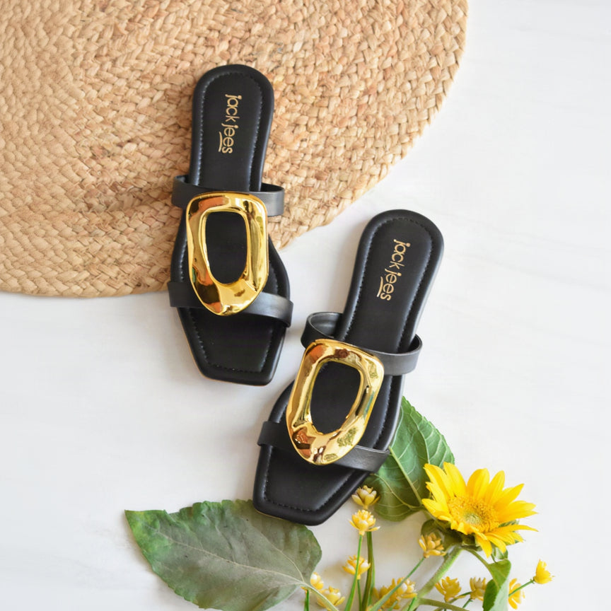 Amara square toe flats for women with gold statement detail in Pakistan
