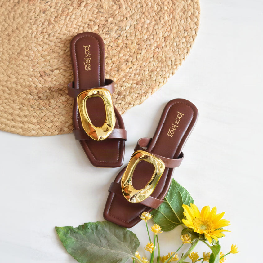 Amara square toe flats for women with gold statement detail in Pakistan