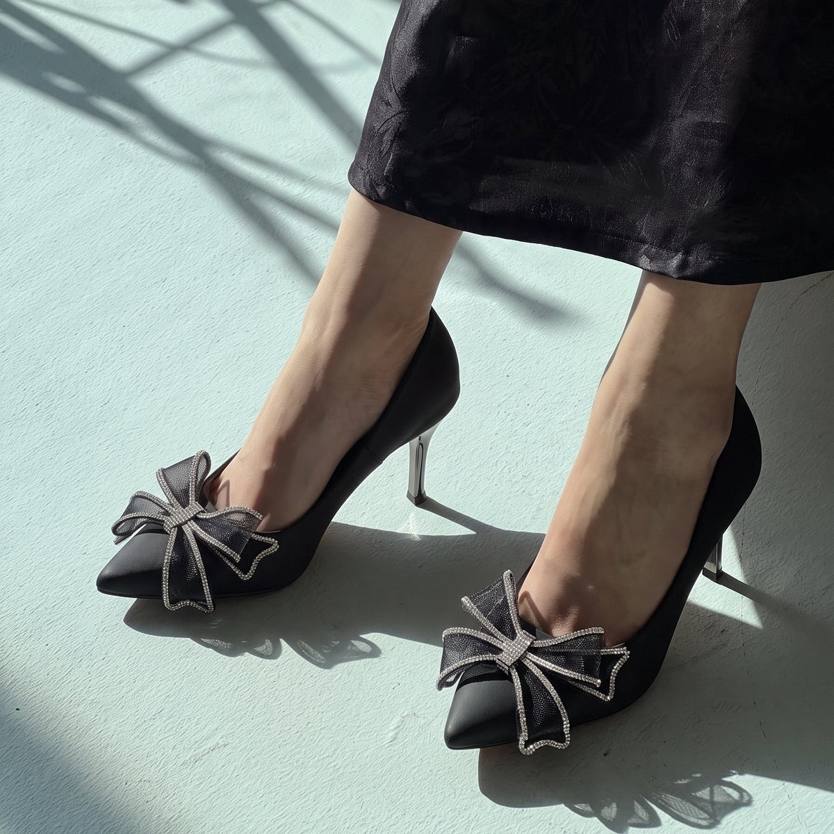 Elysia Bow pointed toe heels for women with crystal detailed mesh bow by Jack Jees
