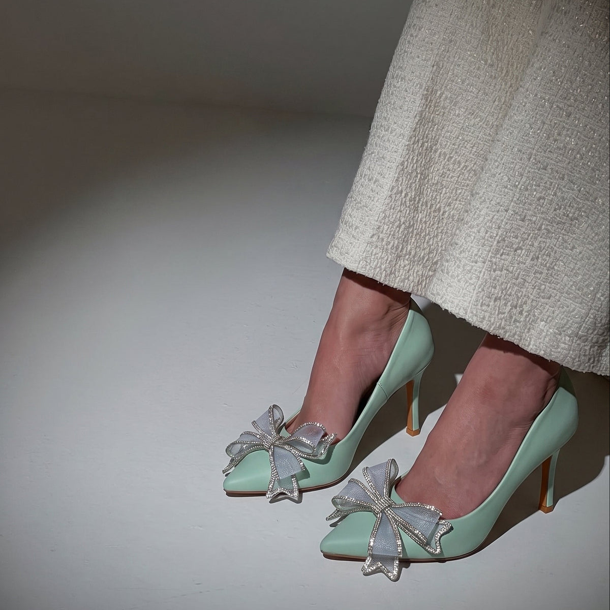 Elysia Bow pointed toe heels for women with crystal detailed mesh bow by Jack Jees