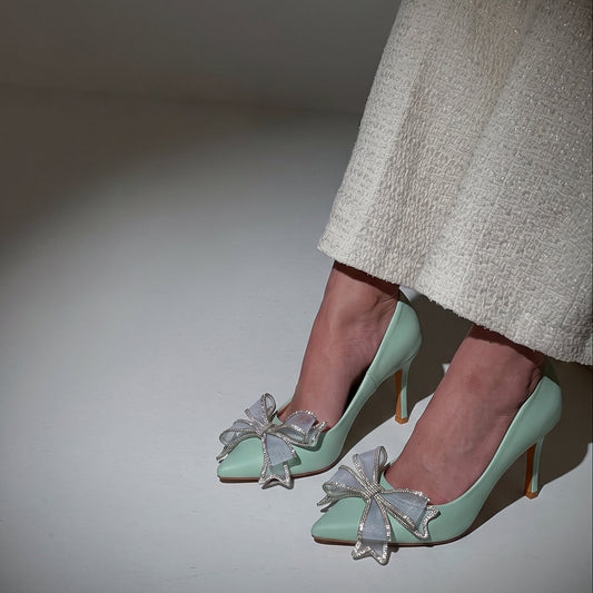 Elysia Bow pointed toe heels for women with crystal detailed mesh bow by Jack Jees
