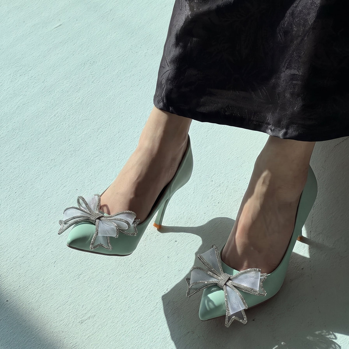 Elysia Bow pointed toe heels for women with crystal detailed mesh bow by Jack Jees