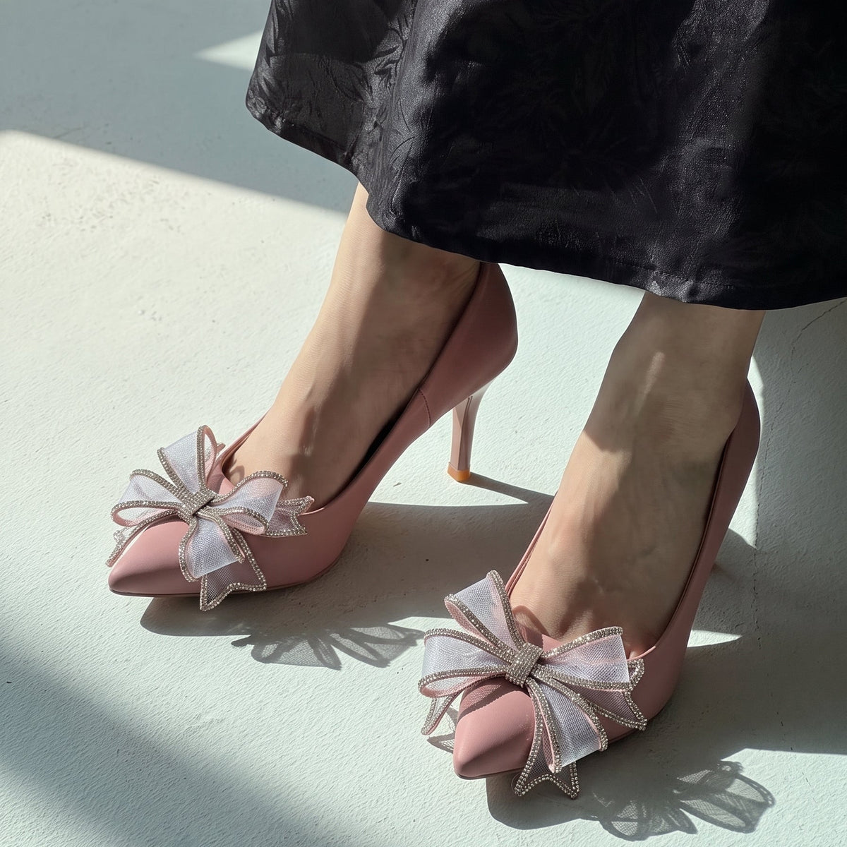Elysia Bow pointed toe heels for women with crystal detailed mesh bow by Jack Jees