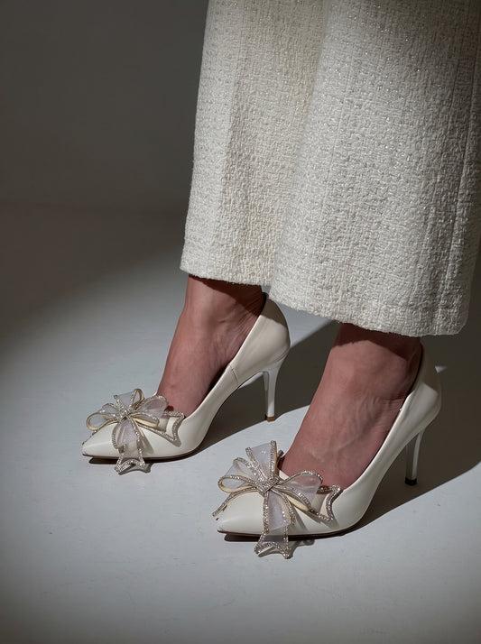 Elysia Bow pointed toe heels for women with crystal detailed mesh bow by Jack Jees