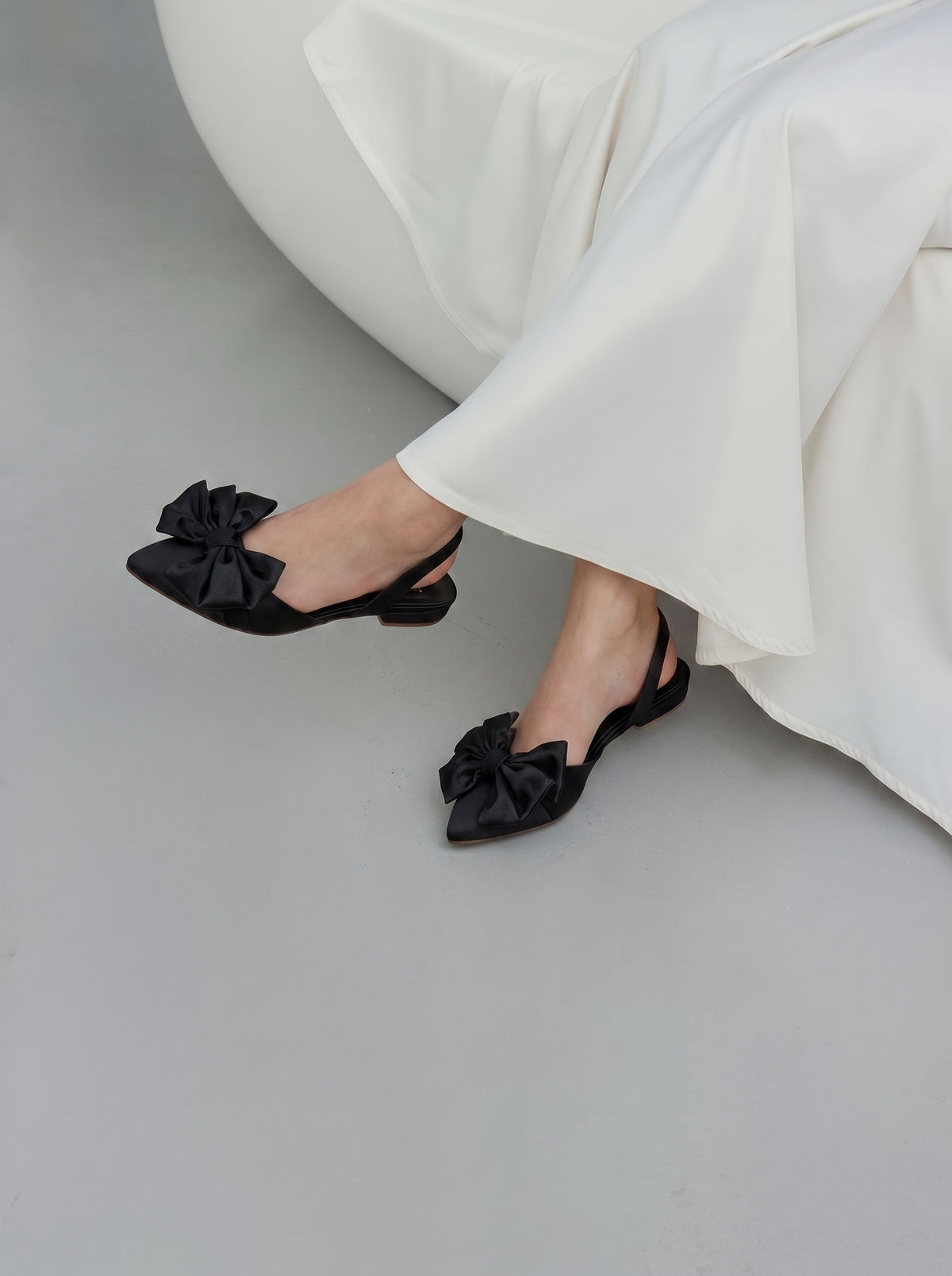 Satin Bow pointed toe flats for women with oversized satin bow and slingback strap