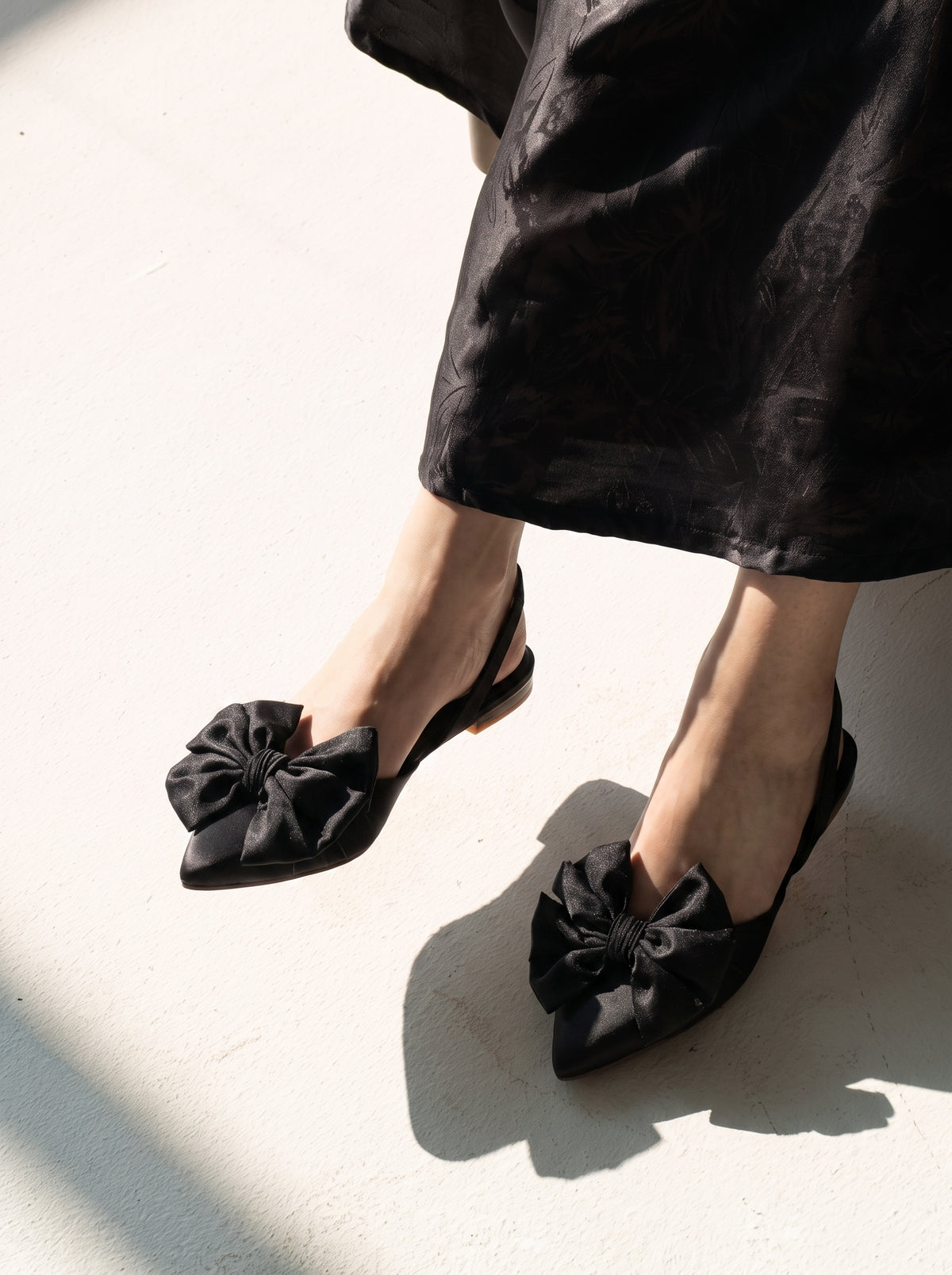 Satin Bow pointed toe flats for women with oversized satin bow and slingback strap