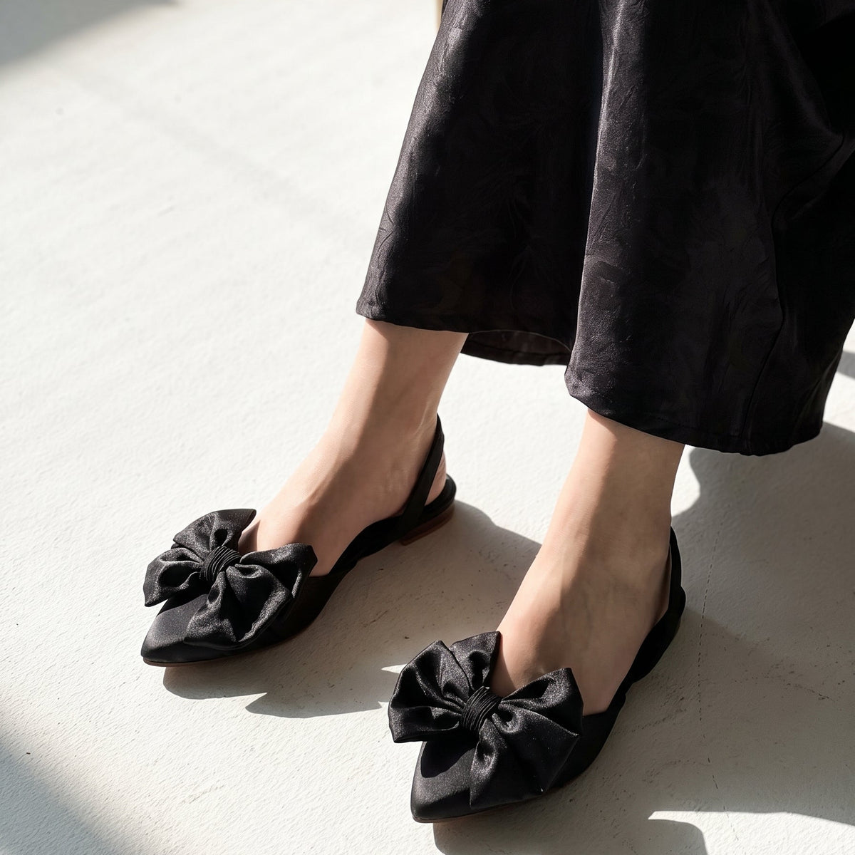 Satin Bow pointed toe flats for women with oversized satin bow and slingback strap