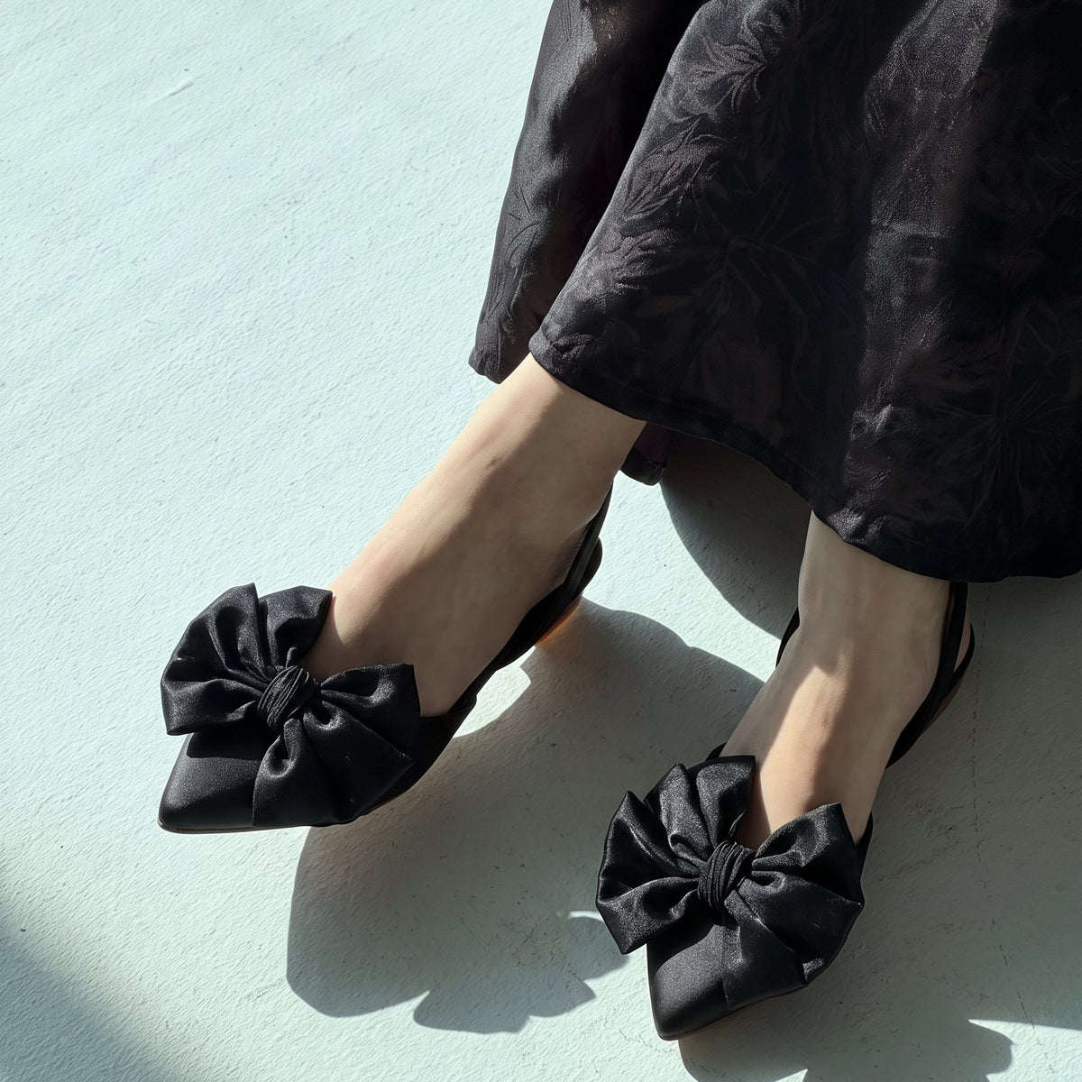 Satin Bow pointed toe flats for women with oversized satin bow and slingback strap
