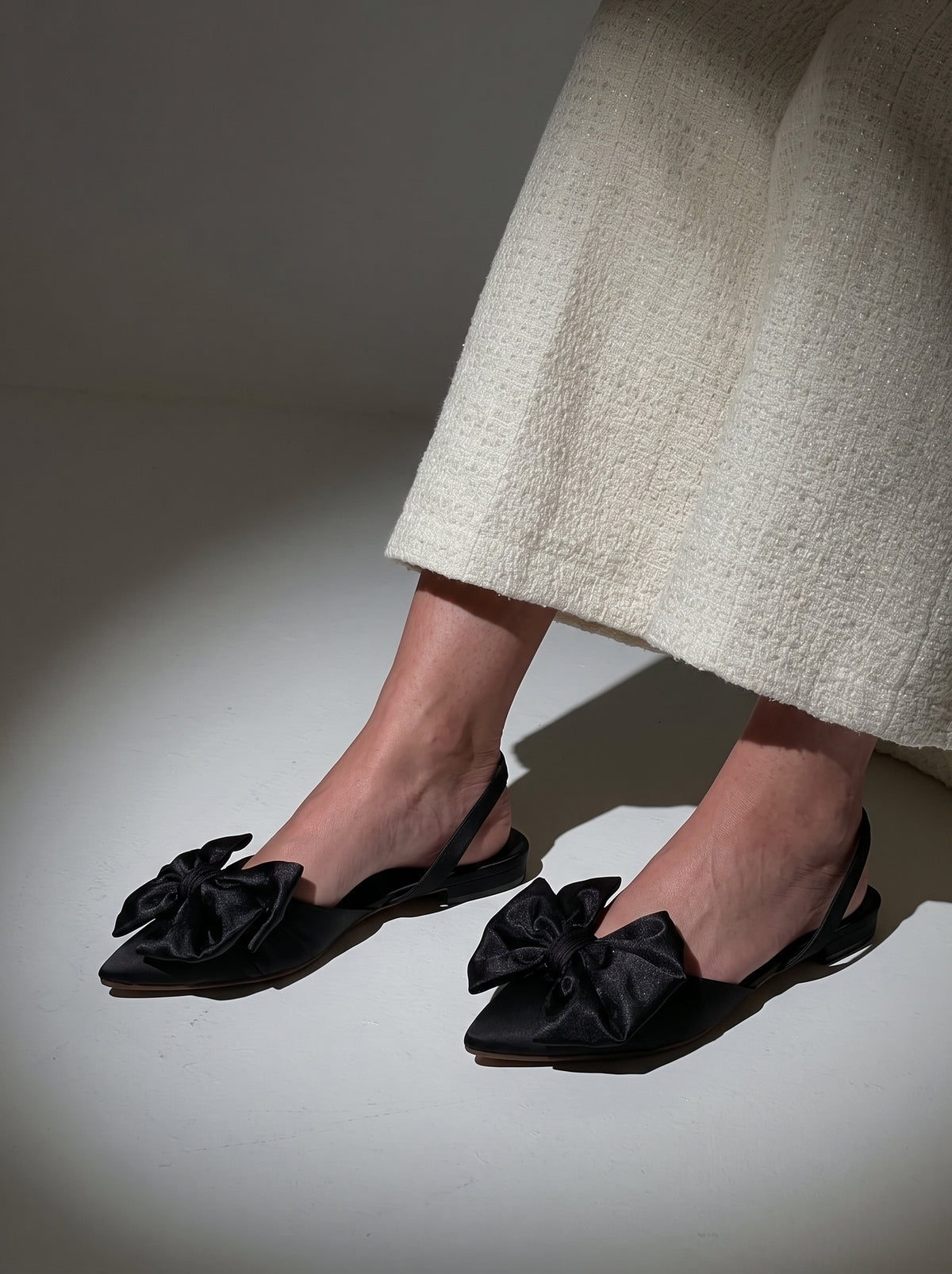 Satin Bow pointed toe flats for women with oversized satin bow and slingback strap