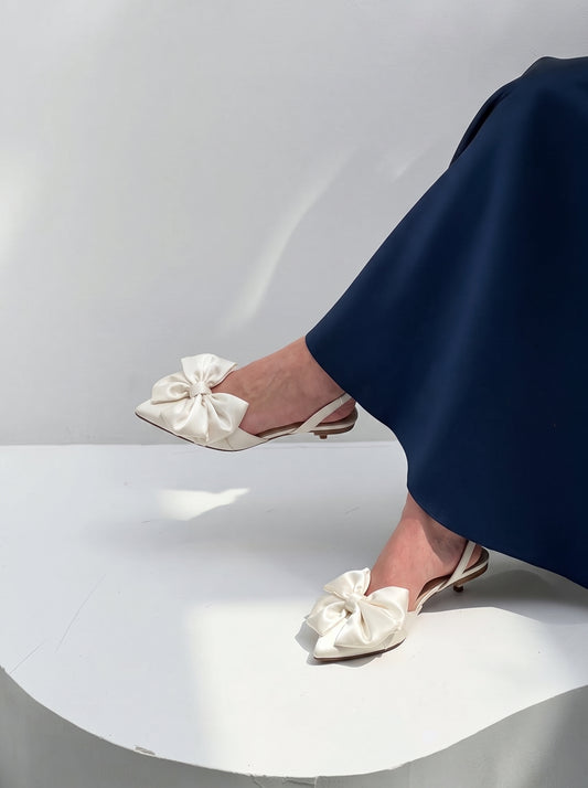 Satin Bow pointed toe flats for women with oversized satin bow and slingback strap