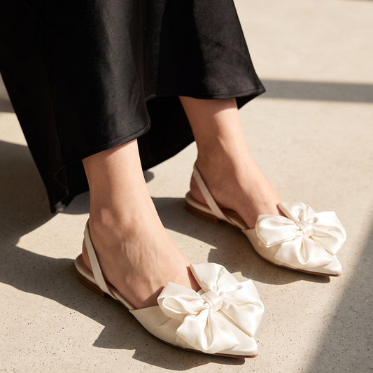Satin Bow pointed toe flats for women with oversized satin bow and slingback strap