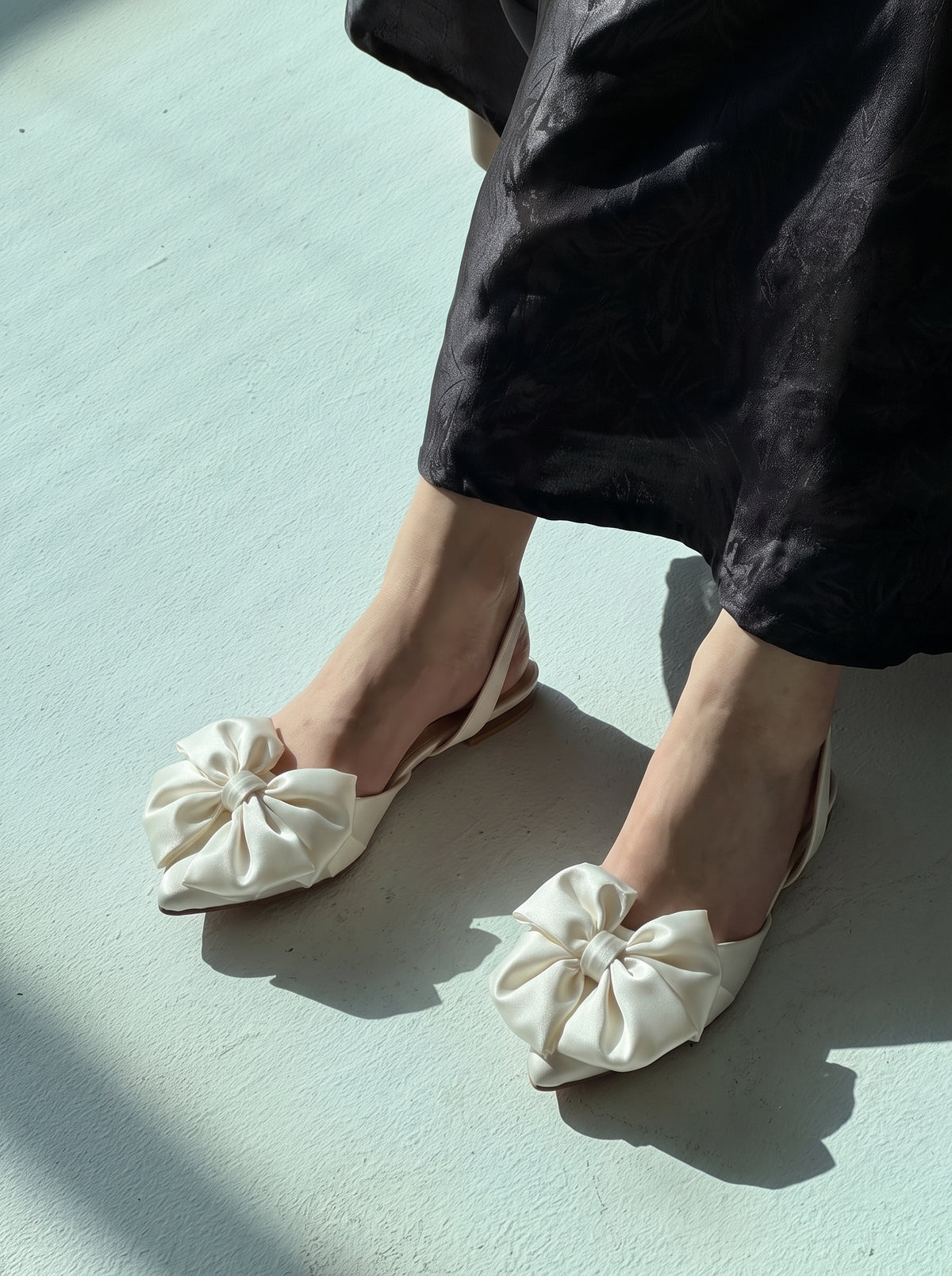Satin Bow pointed toe flats for women with oversized satin bow and slingback strap