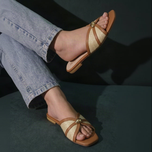 Muse Buckle square toe flats for women with crossover straps, textured upper and metallic buckle detail