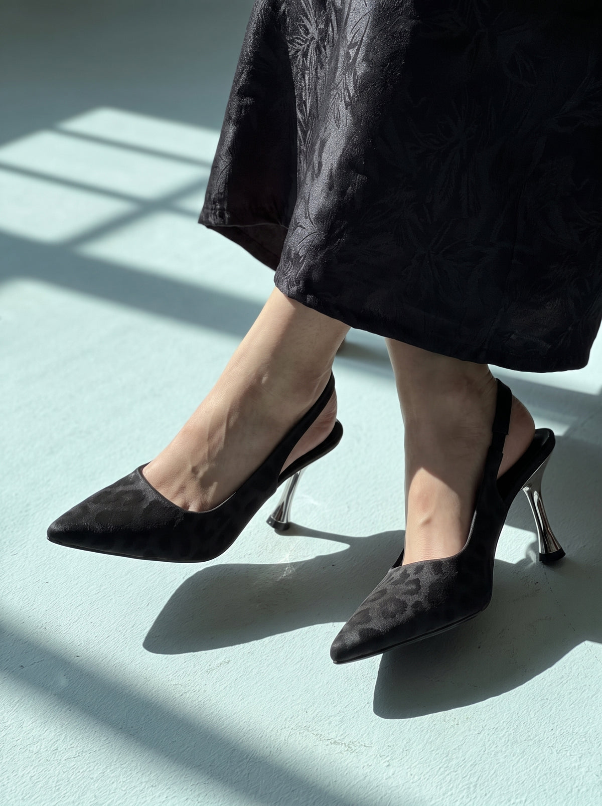 Ayla pointed toe slingback heels for women in Pakistan with textured upper and metallic heel, Jack Jees