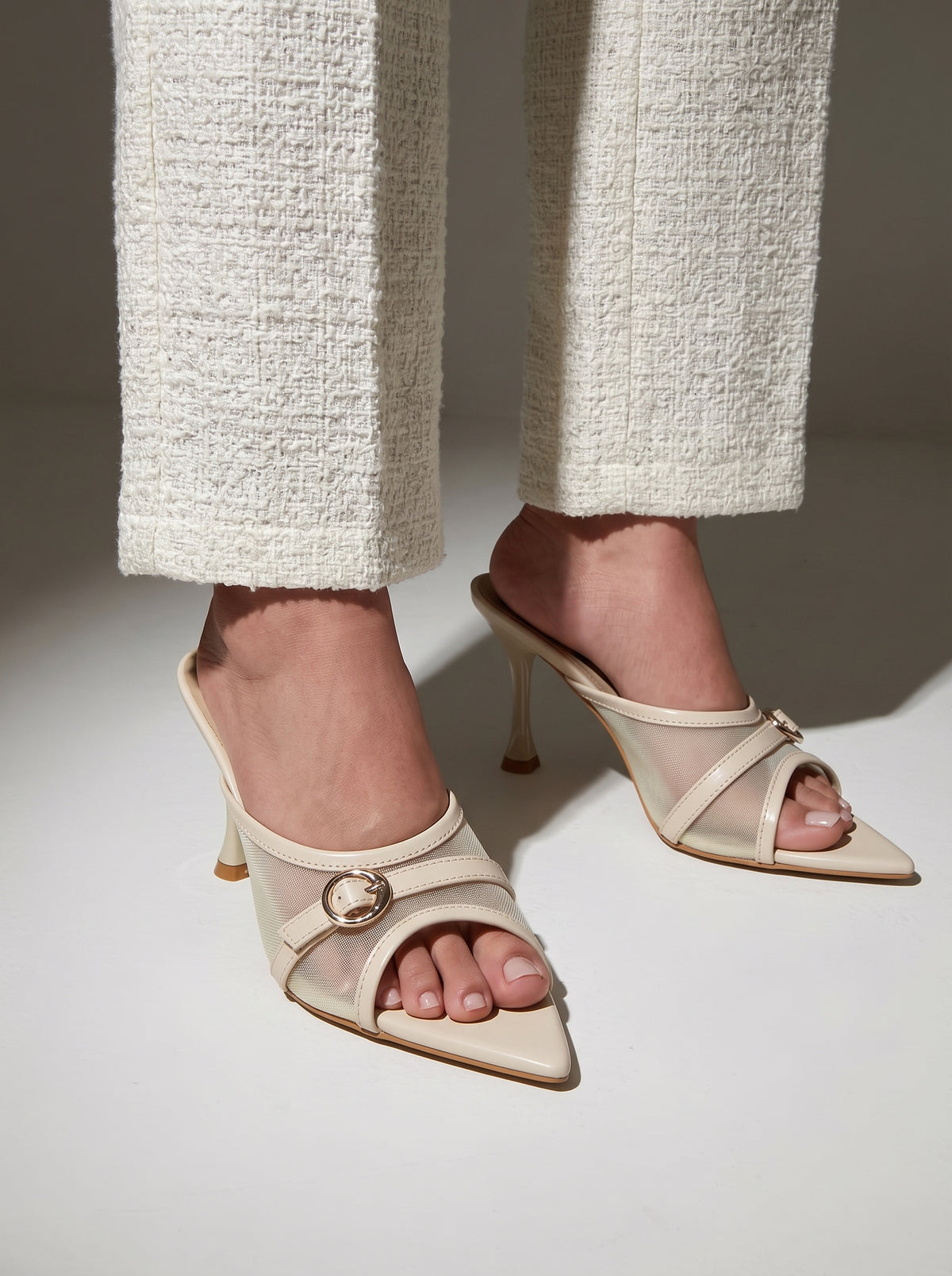 Vogue Buckle pointed toe heels for women in Pakistan with mesh upper and metallic buckle