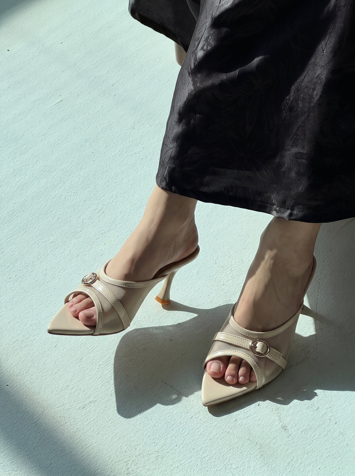 Vogue Buckle pointed toe heels for women in Pakistan with mesh upper and metallic buckle