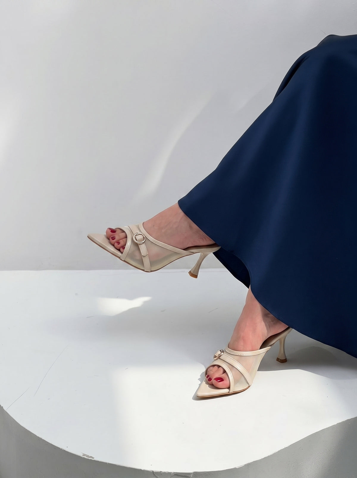 Vogue Buckle pointed toe heels for women in Pakistan with mesh upper and metallic buckle
