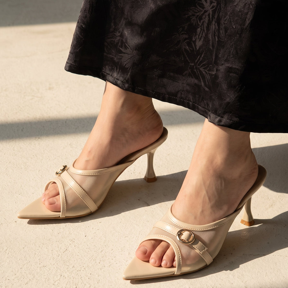 Vogue Buckle pointed toe heels for women in Pakistan with mesh upper and metallic buckle