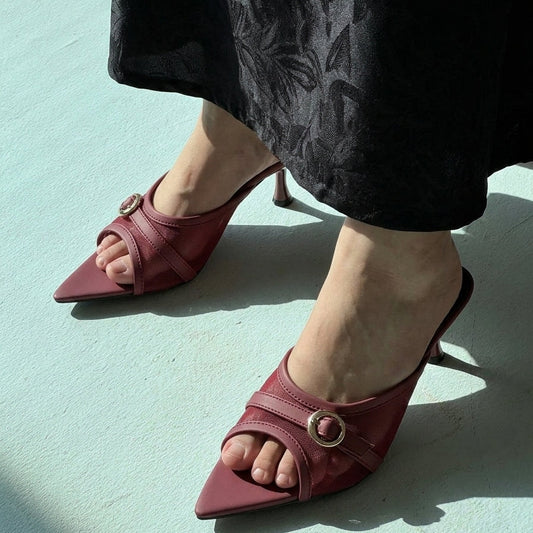 Vogue Buckle pointed toe heels for women in Pakistan with mesh upper and metallic buckle