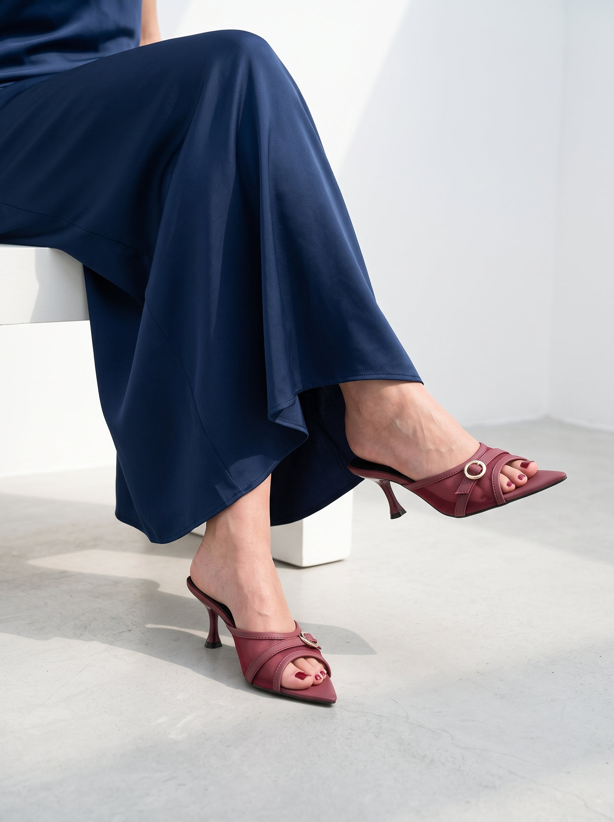 Vogue Buckle pointed toe heels for women in Pakistan with mesh upper and metallic buckle