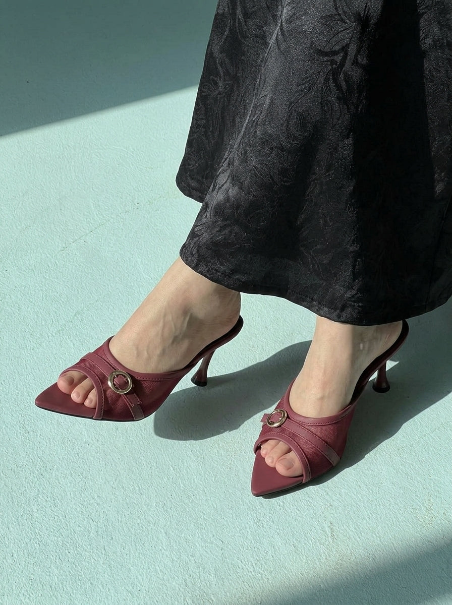 Vogue Buckle pointed toe heels for women in Pakistan with mesh upper and metallic buckle