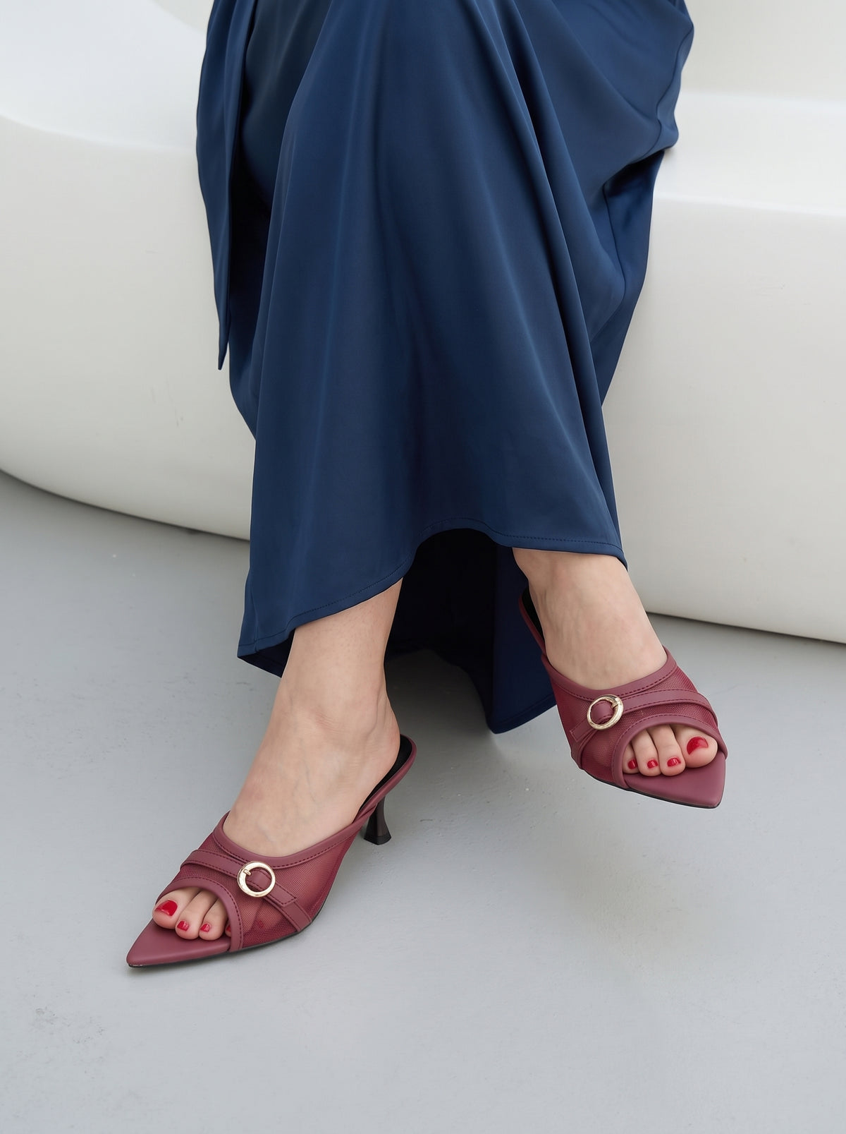 Vogue Buckle pointed toe heels for women in Pakistan with mesh upper and metallic buckle