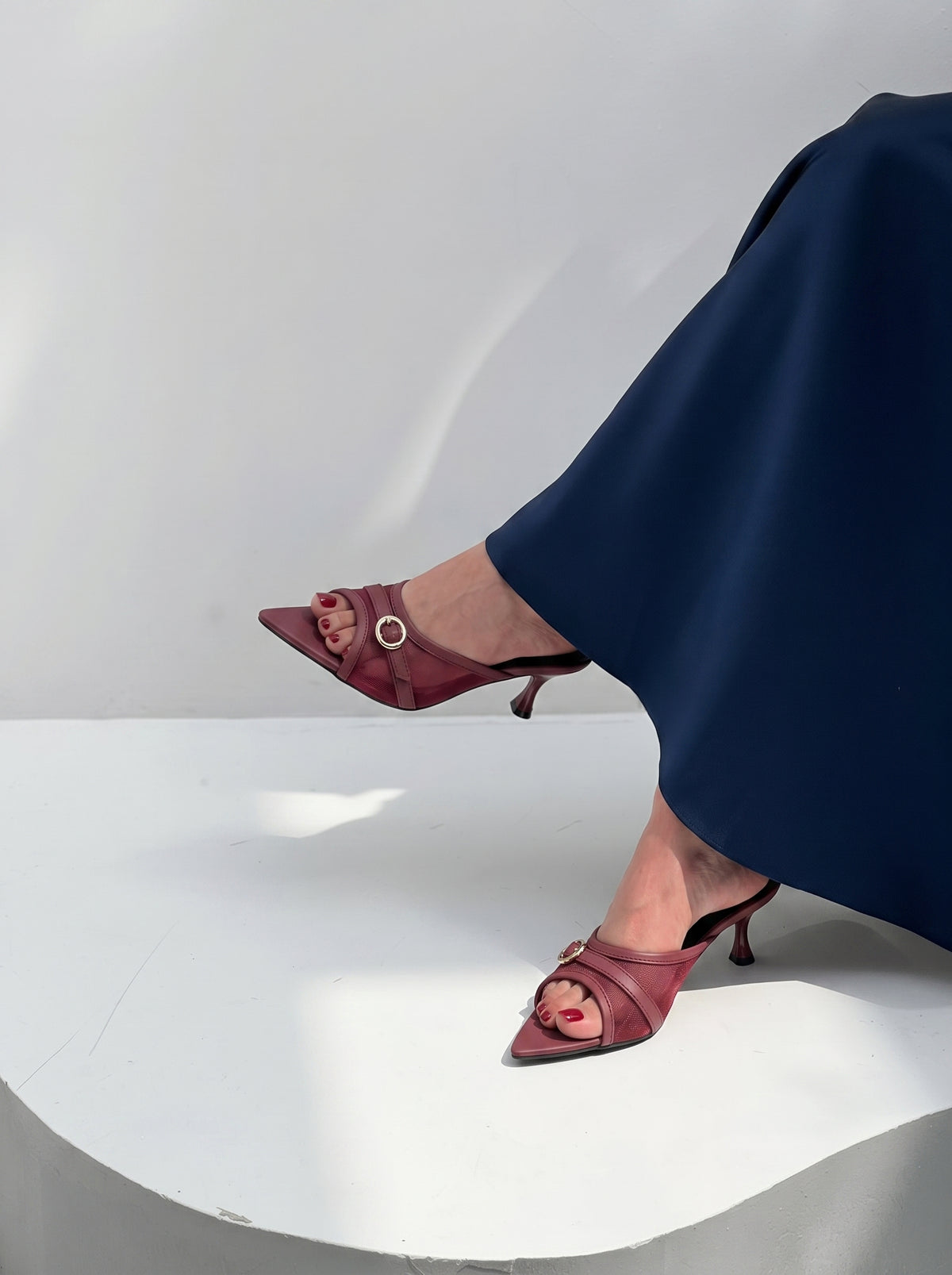 Vogue Buckle pointed toe heels for women in Pakistan with mesh upper and metallic buckle