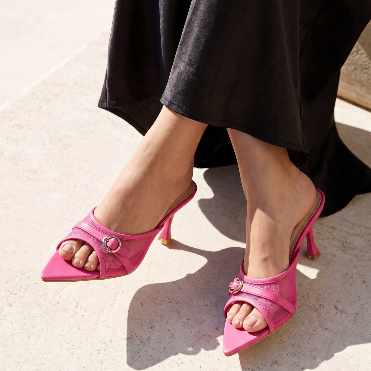 Vogue Buckle pointed toe heels for women in Pakistan with mesh upper and metallic buckle