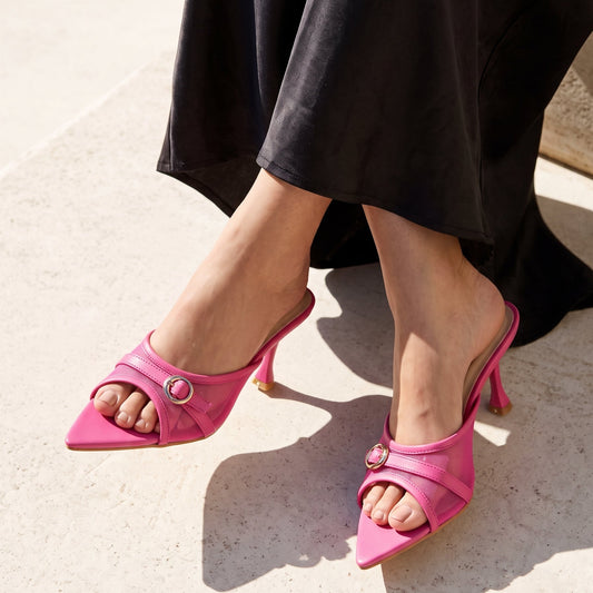 Vogue Buckle pointed toe heels for women in Pakistan with mesh upper and metallic buckle