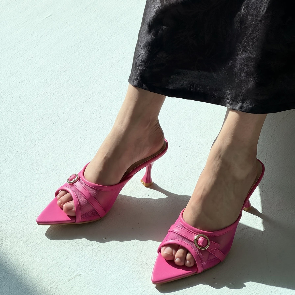Vogue Buckle pointed toe heels for women in Pakistan with mesh upper and metallic buckle