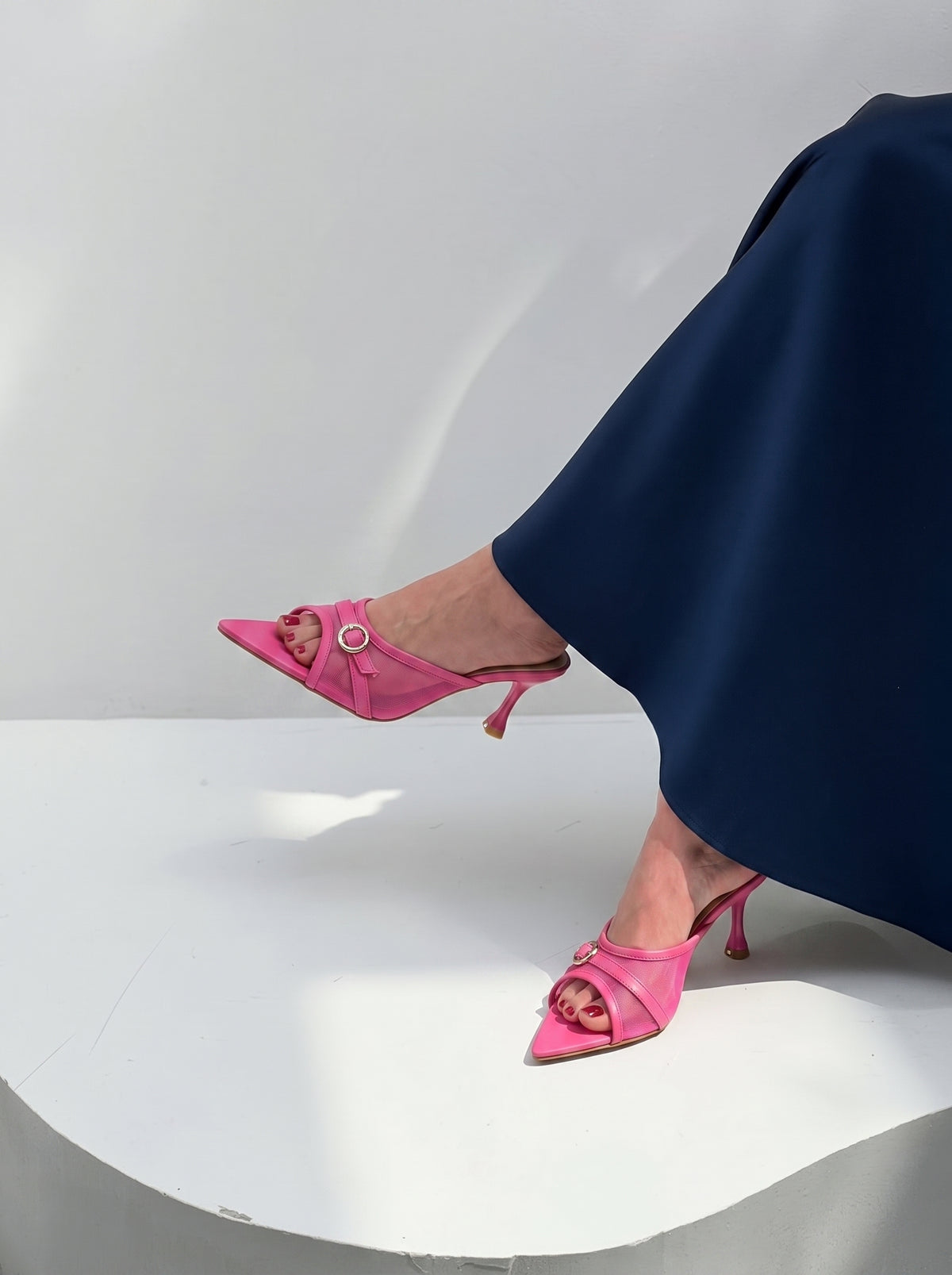 Vogue Buckle pointed toe heels for women in Pakistan with mesh upper and metallic buckle