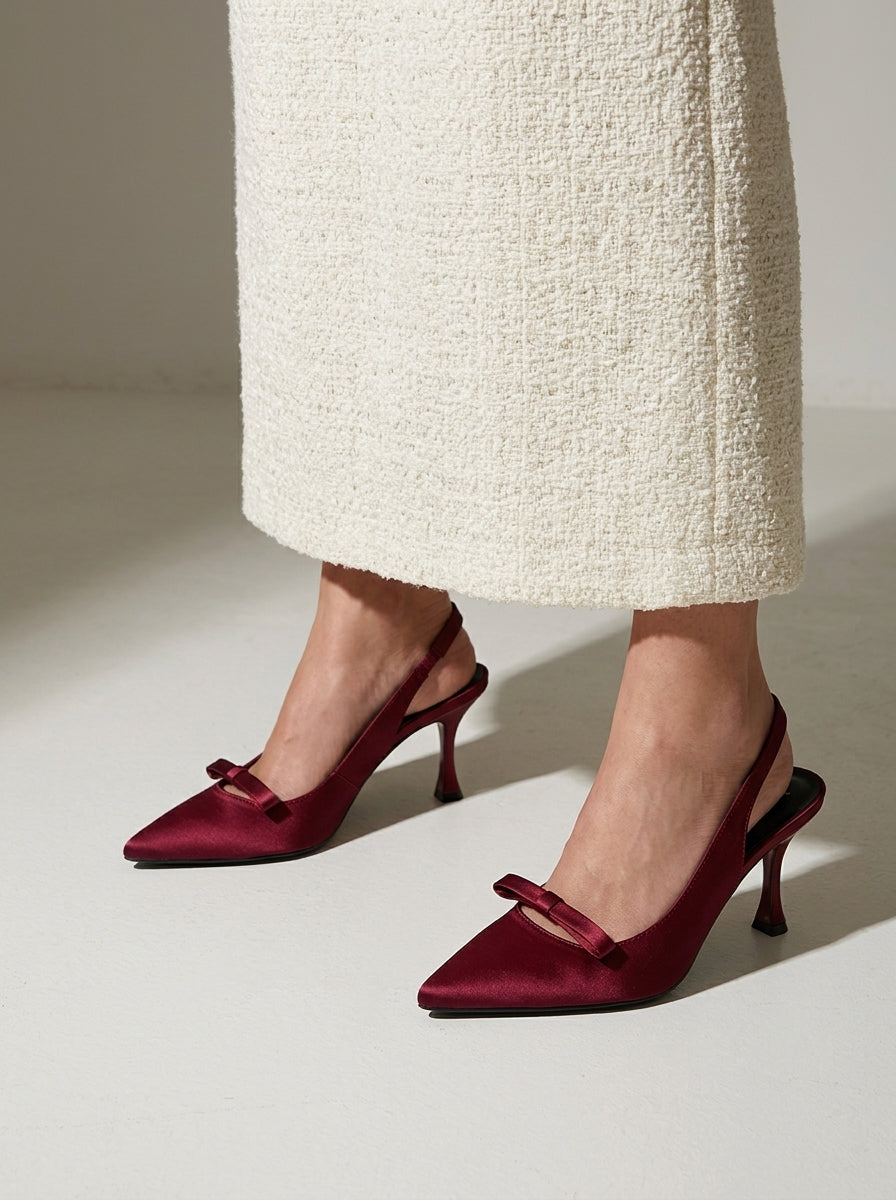 Satin Bow Slingback pointed toe heels for women in Pakistan