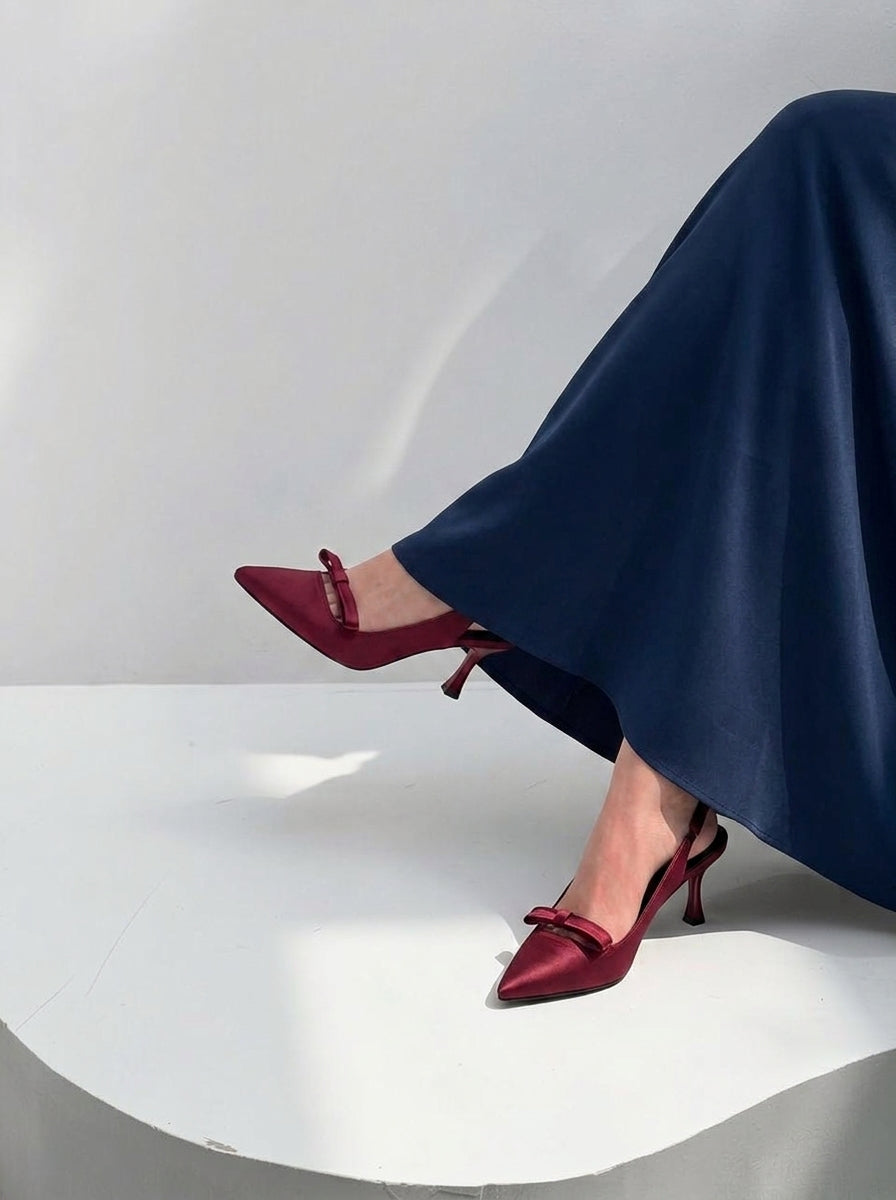 Satin Bow Slingback pointed toe heels for women in Pakistan