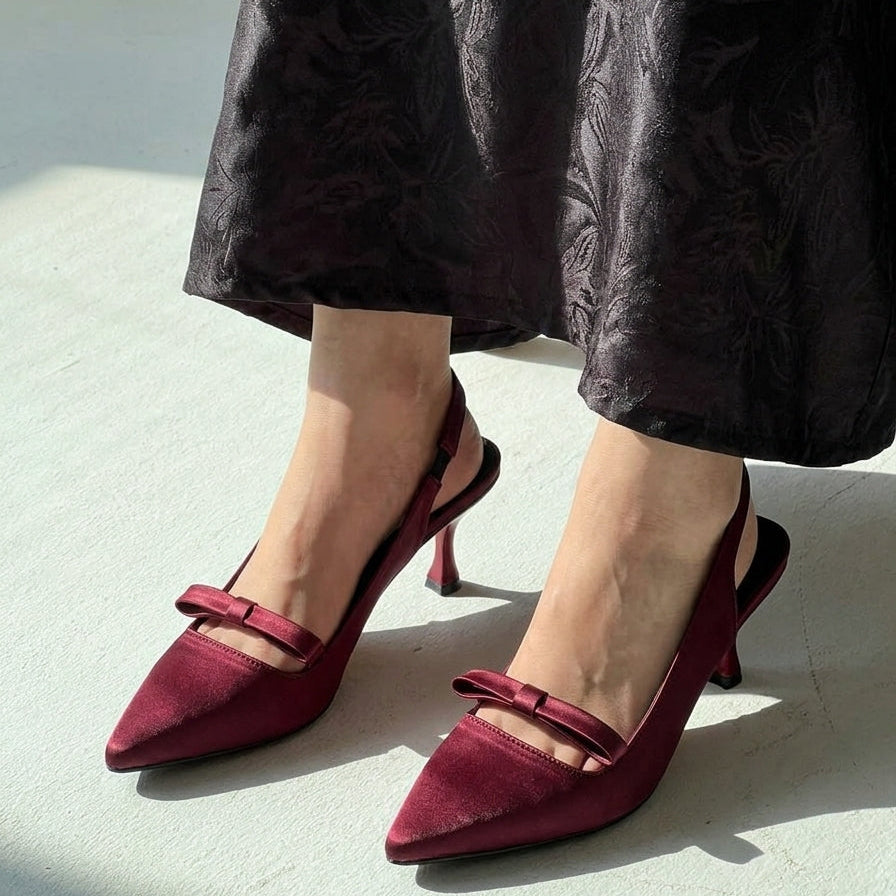 Satin Bow Slingback pointed toe heels for women in Pakistan