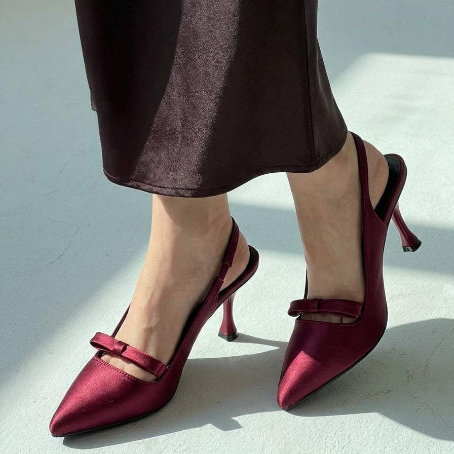Satin Bow Slingback pointed toe heels for women in Pakistan