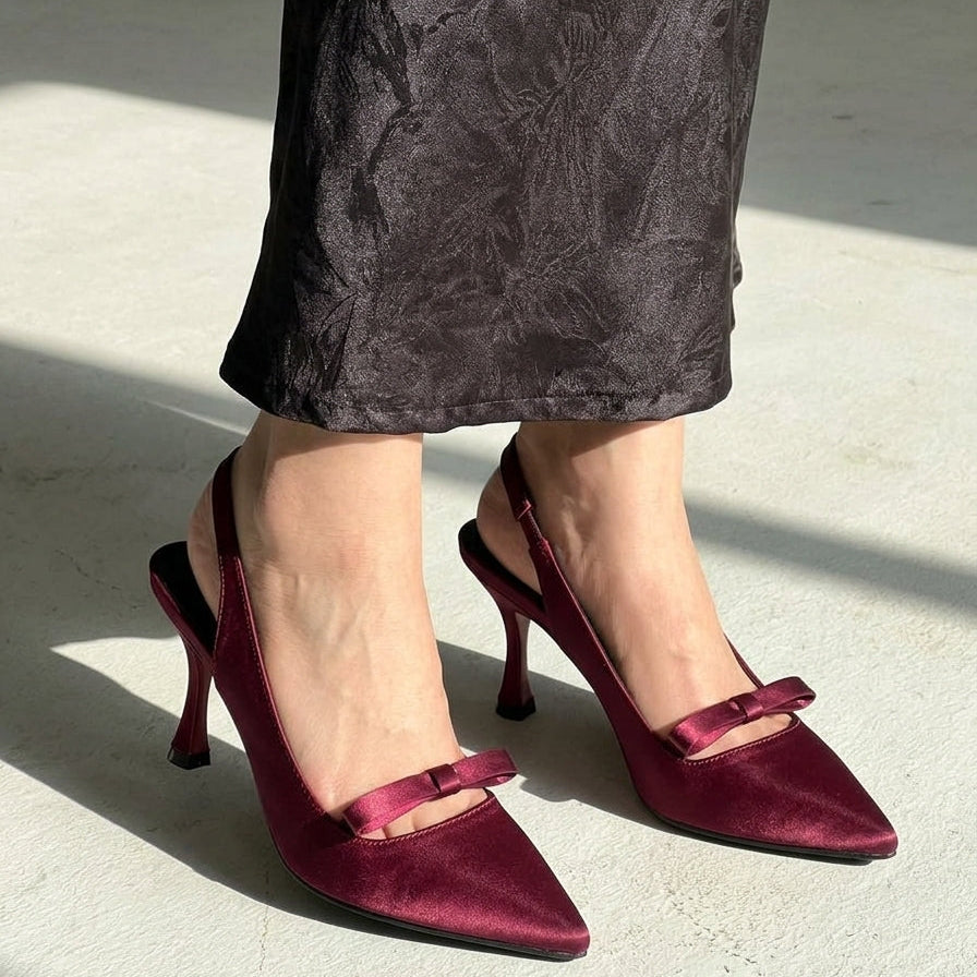 Satin Bow Slingback pointed toe heels for women in Pakistan