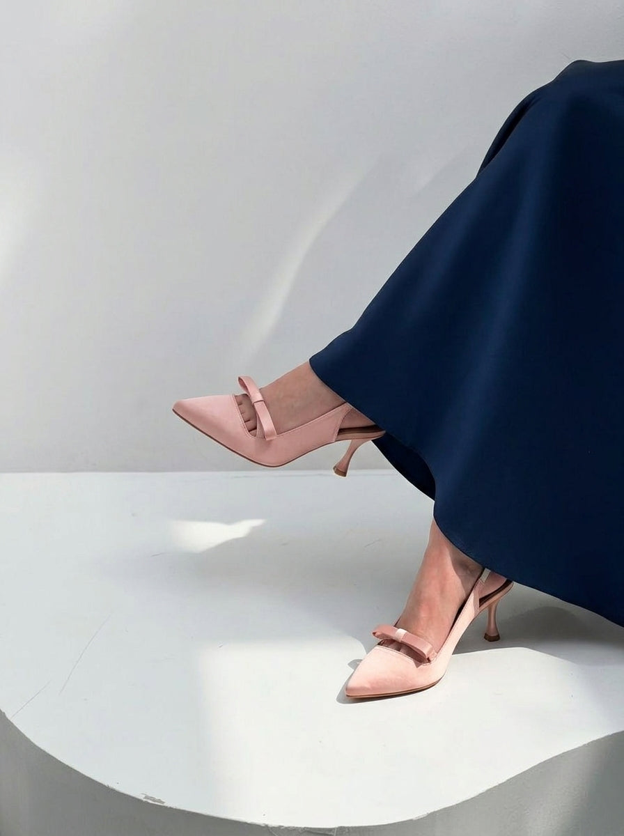Satin Bow Slingback pointed toe heels for women in Pakistan