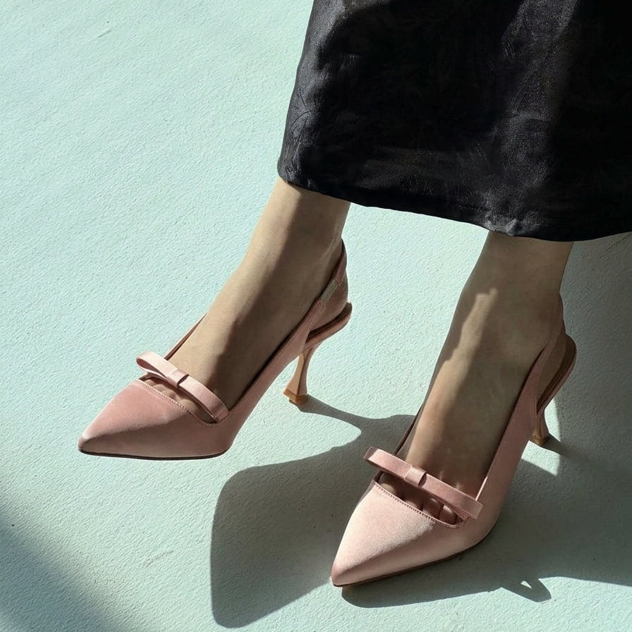 Satin Bow Slingback pointed toe heels for women in Pakistan