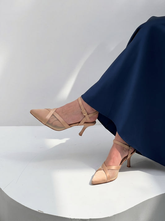 Crossline Mesh pointed toe heels for women in Pakistan with ankle strap